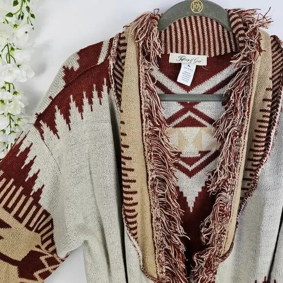 Tiffany & Grey Southwestern Aztec Fringe Cardigan Sweater Jacket XL Boho Cozy - Picture 8 of 13